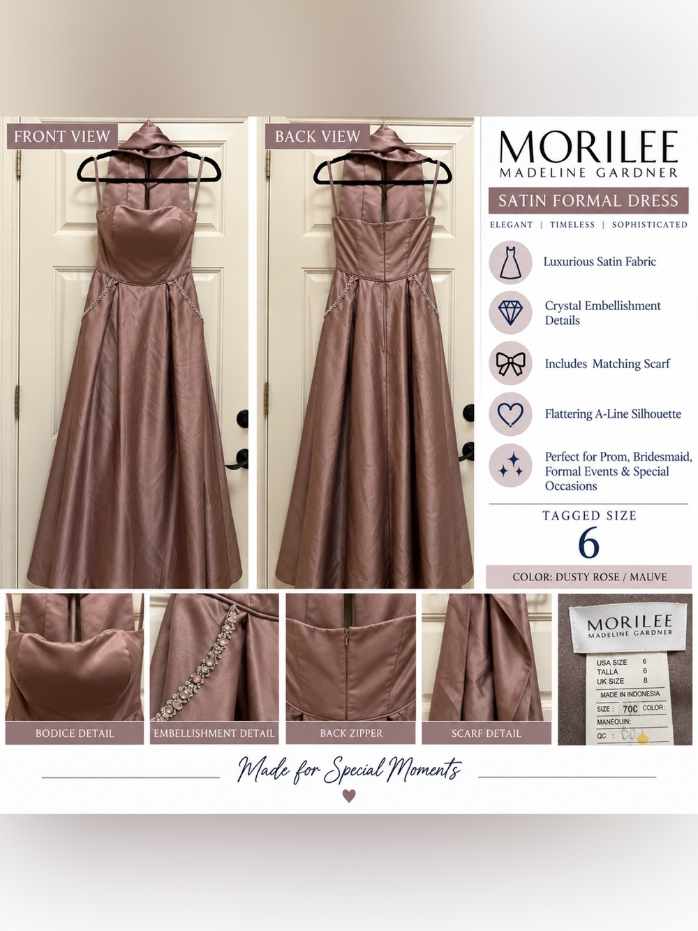 Morilee Madeline Gardner Satin Crystal Formal Gown w Pockets Scarf Size 6